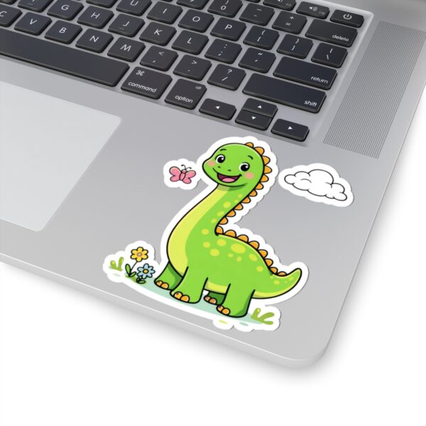 12533440523880416098_1200.jpeg Cute Green Dinosaur Kiss-Cut Sticker — Happy Brontosaurus Laptop Decal for Kids