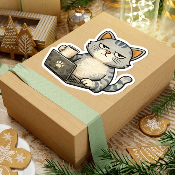 12543273607930770125_1200.jpeg Grumpy Cat with Coffee Laptop Sticker — Cute Work-from-Home Laptop Kiss-Cut Sticker