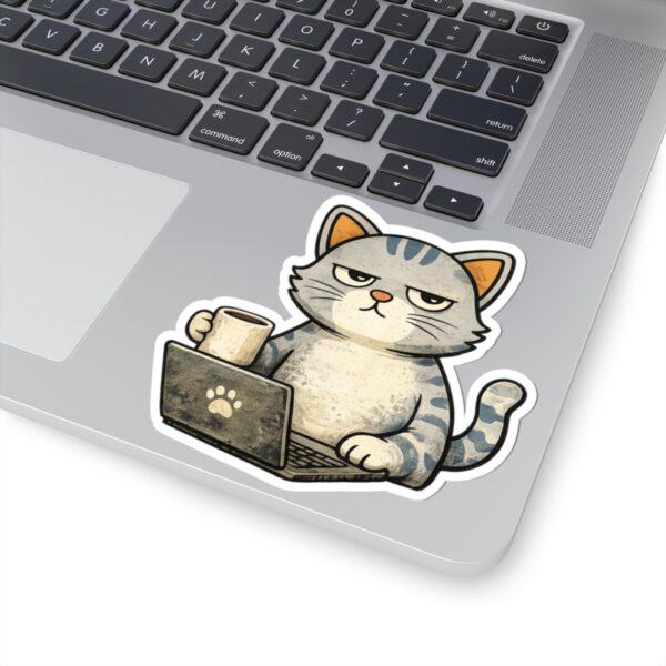 14359571428429826300_1200.jpeg Grumpy Cat with Coffee Laptop Sticker — Cute Work-from-Home Laptop Kiss-Cut Sticker