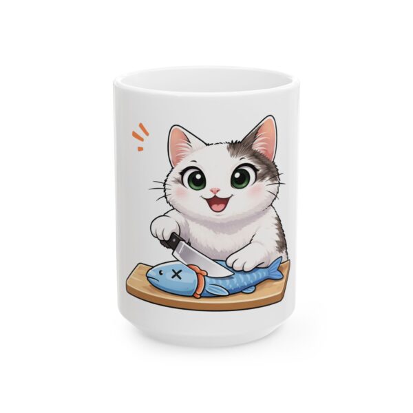 Cute Cat Preparing Fish Ceramic Mug — Coffee Cup (11oz, 15oz)