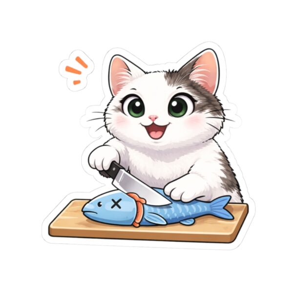 Cute Cat Filleting Fish Sticker — Kiss-Cut Vinyl Sticker