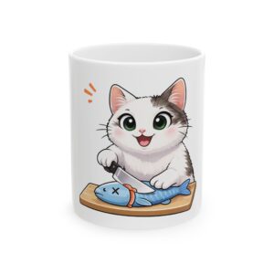 Cute Cat Preparing Fish Ceramic Mug — Coffee Cup (11oz, 15oz)