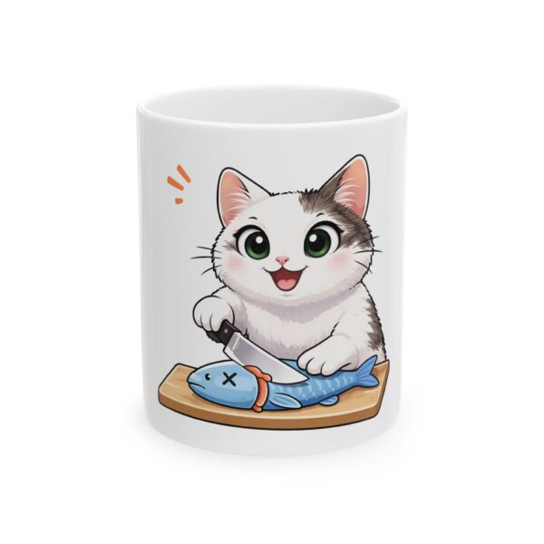 Cute Cat Preparing Fish Ceramic Mug — Coffee Cup (11oz, 15oz)