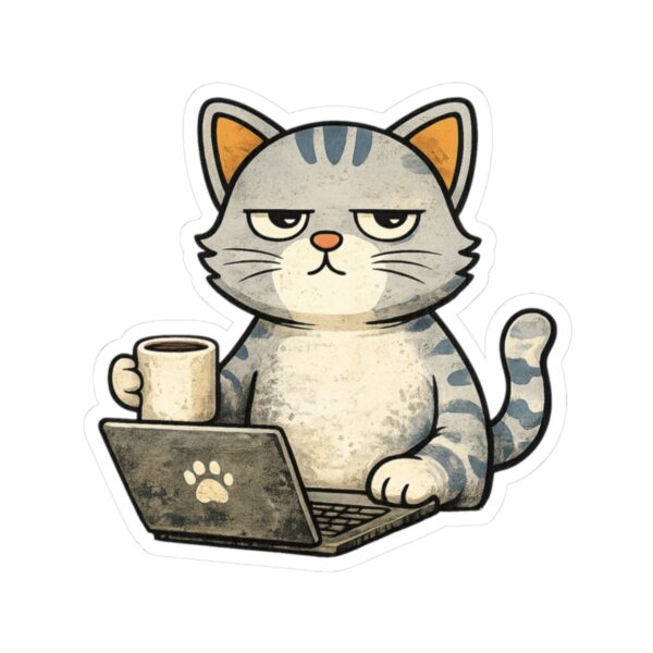 6580013719908707493_1200.jpeg Grumpy Cat with Coffee Laptop Sticker — Cute Work-from-Home Laptop Kiss-Cut Sticker