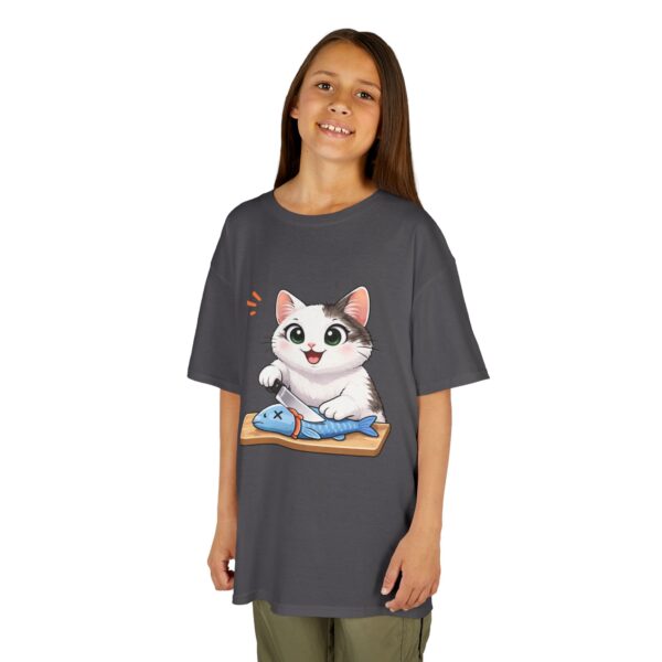 Kids Cat With Fish Graphic Tee — Cute Kitten Playing With Toy Fish