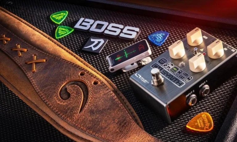 gift for bass guitarist featuring bass guitar accessories shirt mug and gear arranged for musicians